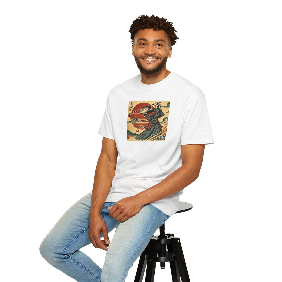 Vintage Japanese Samurai Golfer Sunset Graphic T-Shirt