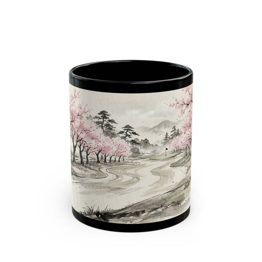Zen Spot Golf Custom Cherry Blossom Landscape Mug Black Ceramic Coffee Tea Cup (11oz & 15oz)