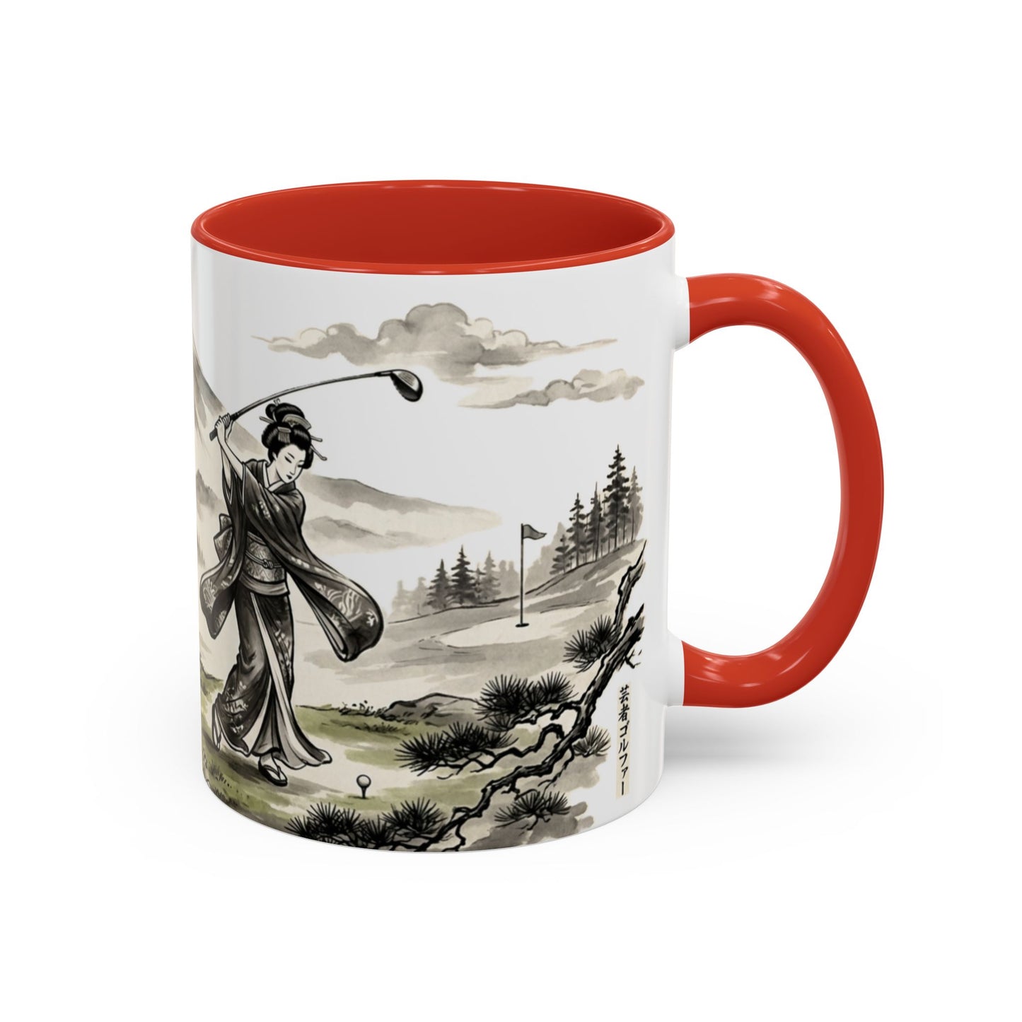 Zen Spot Golf Custom Japanese Golf Scene Accent Coffee Mug Ukiyo-e Style Golfing Geisha (11/15oz)