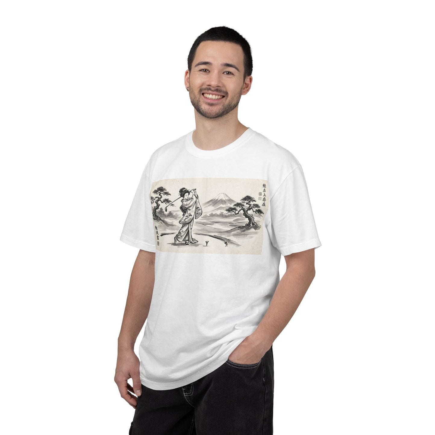 Zen Spot Customized Comfort Colors Japanese Sumi-e Landscape T-Shirt — Vintage Geisha & Mount Fuji Graphic Tee