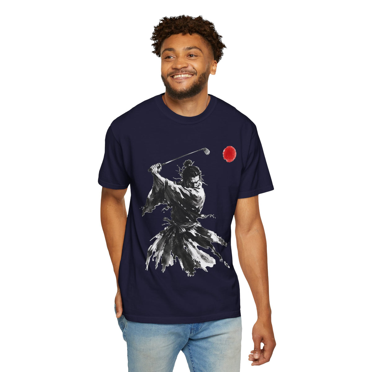 Samurai Golfer Brushstroke T-Shirt — Ink Sumi-e Warrior with Red Sun
