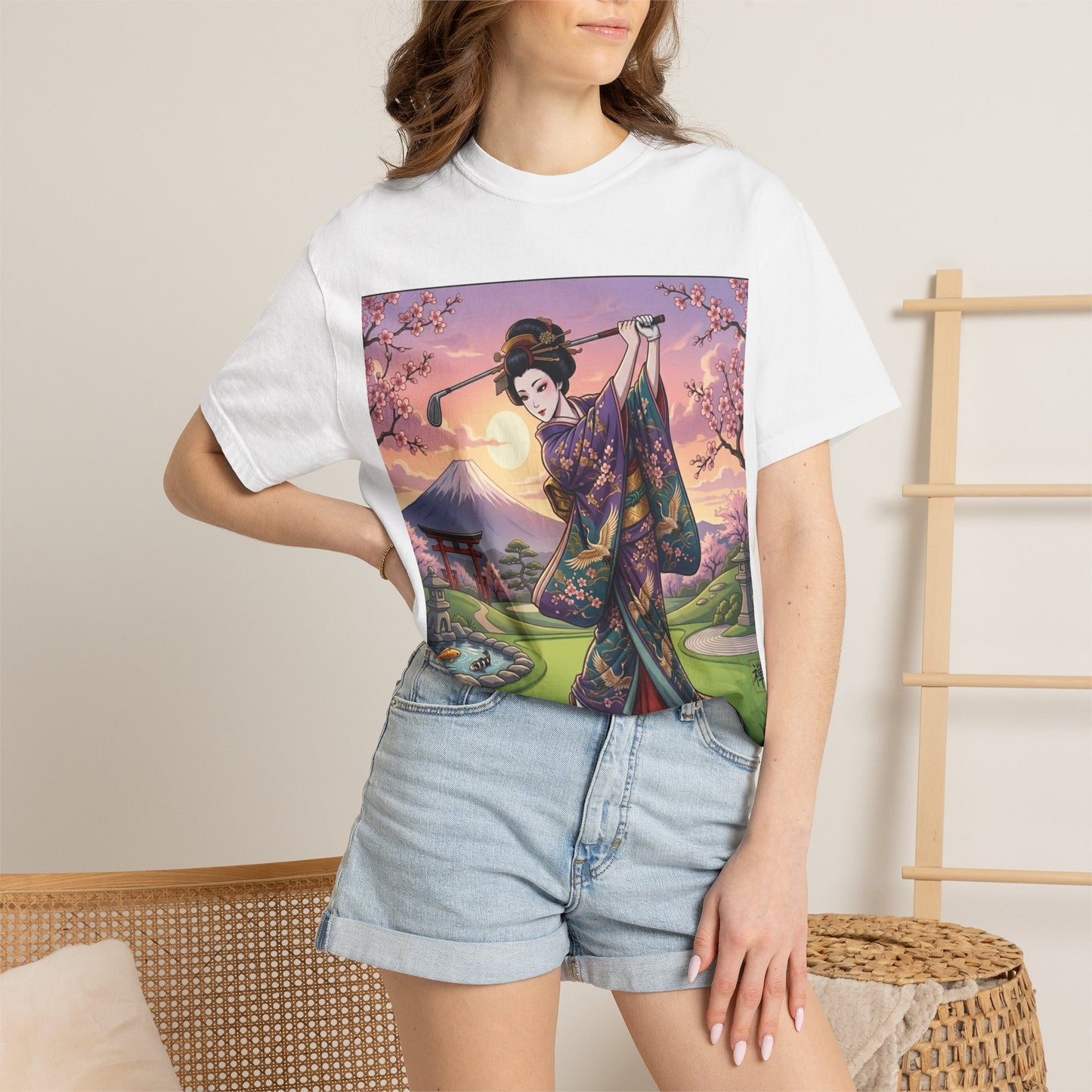 Zen Spot Golf Custom Kimono Art Geisha Golfing Sunset T-Shirt
