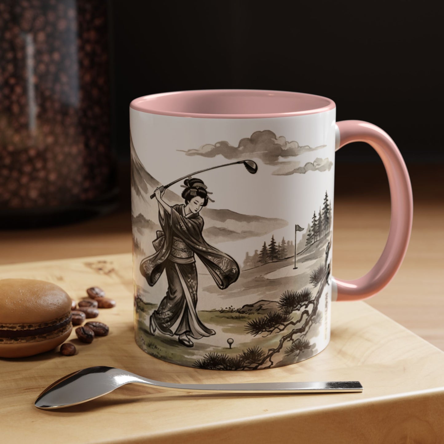 Zen Spot Golf Custom Japanese Golf Scene Accent Coffee Mug Ukiyo-e Style Golfing Geisha (11/15oz)