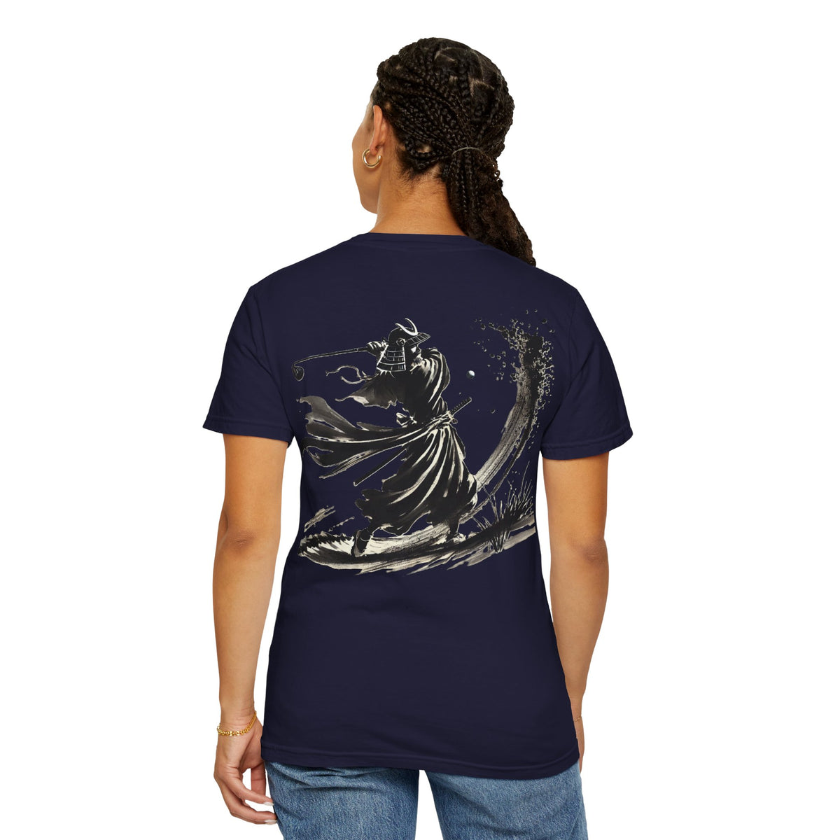 Brushstroke Bunker Blast Samurai Golfer Chest and Back Design Graphic T-Shirt
