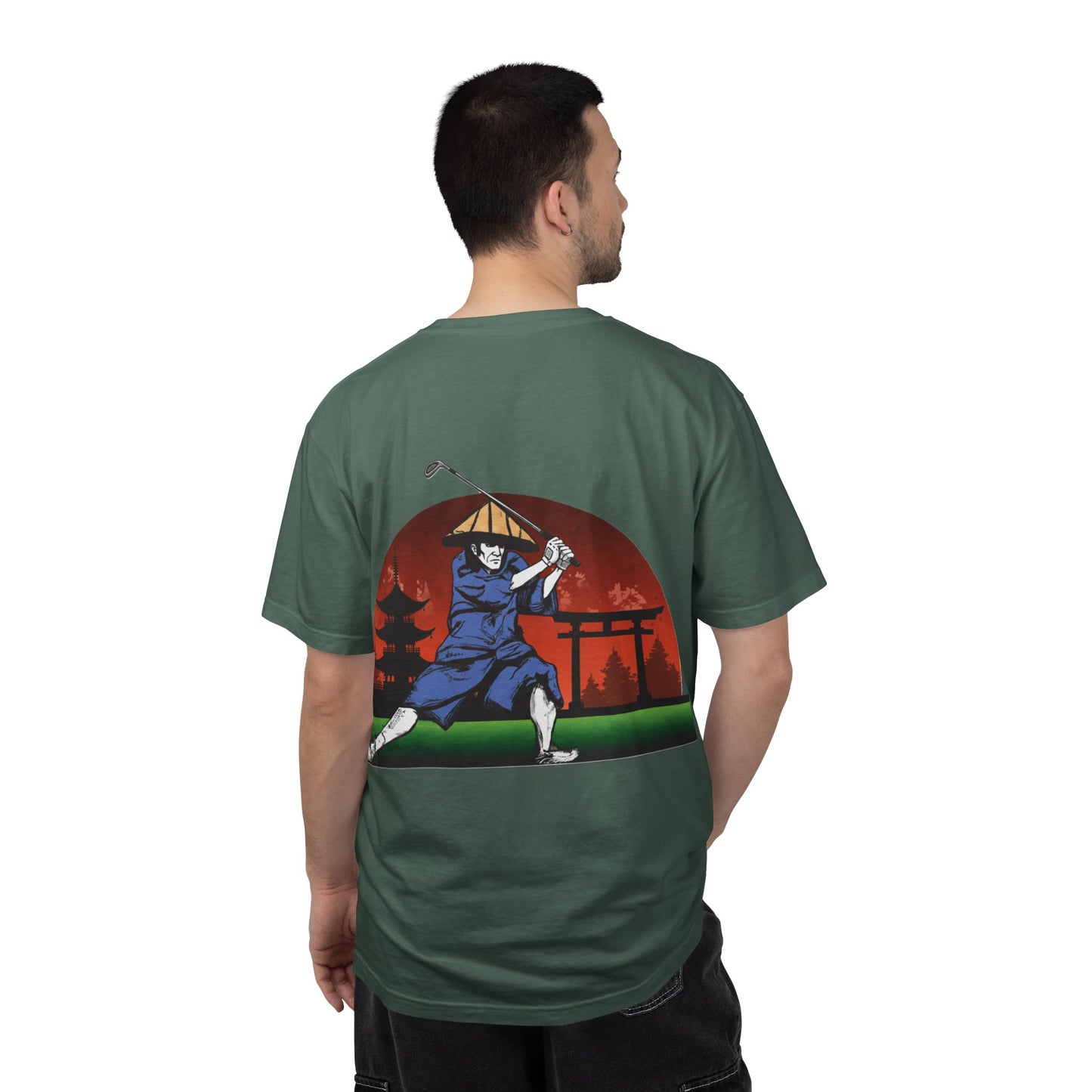 Zen Spot Golf Custom Japanese Sunset Samurai Golfer Graphic T-Shirt
