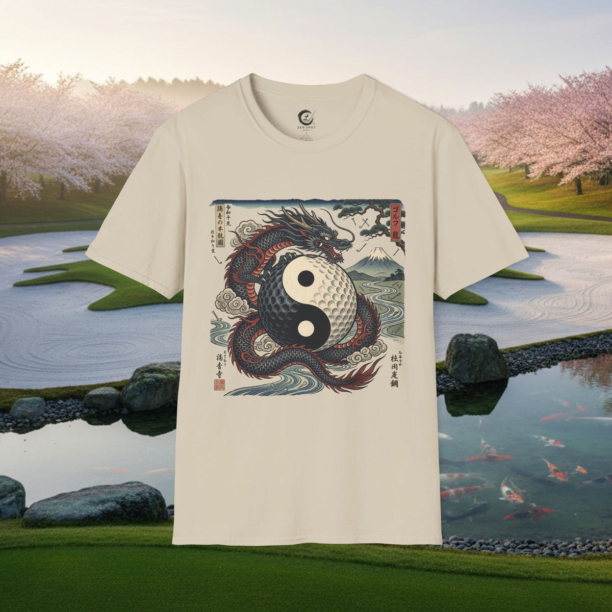 Yin Yang Dragon Golf T‑Shirt — Japanese Wave & Mt. Fuji Graphic Tee
