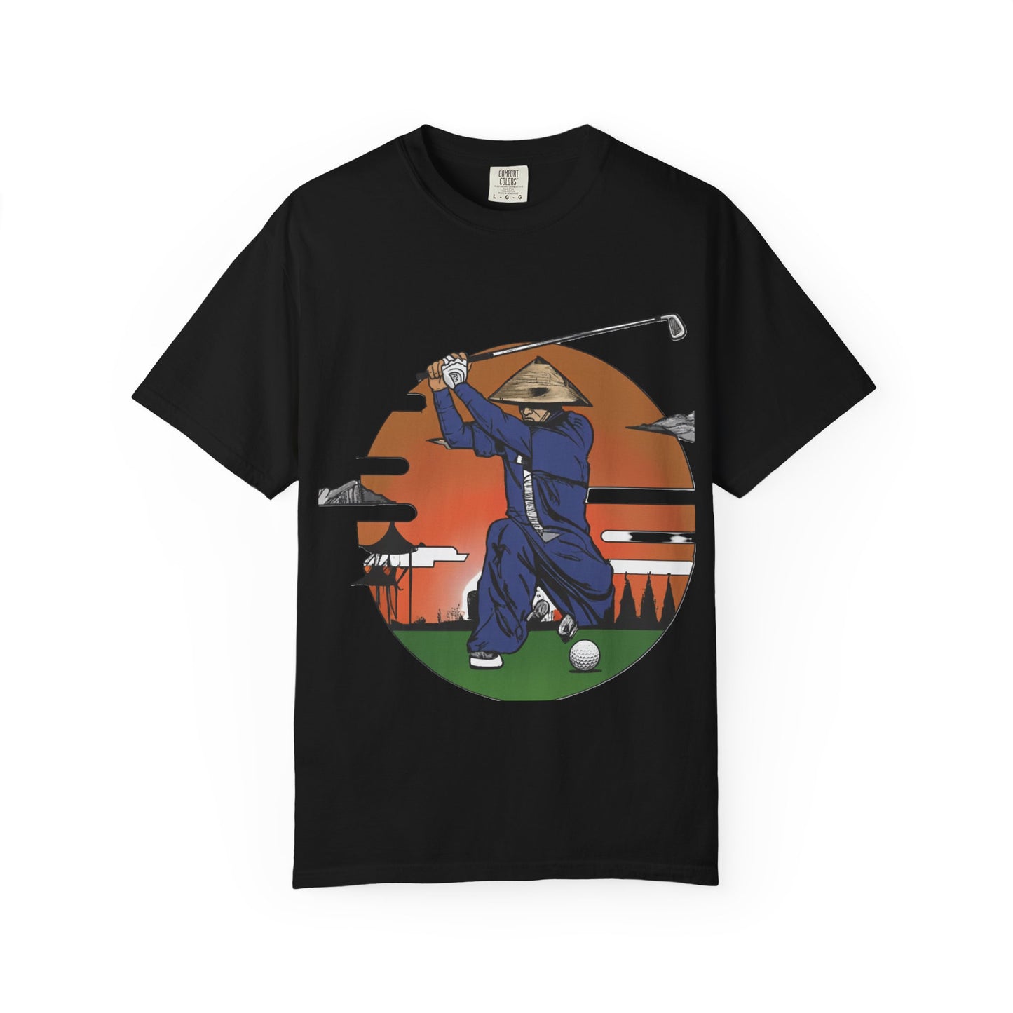 Golf Samurai T‑Shirt — Vintage Sunset Golfer Graphic