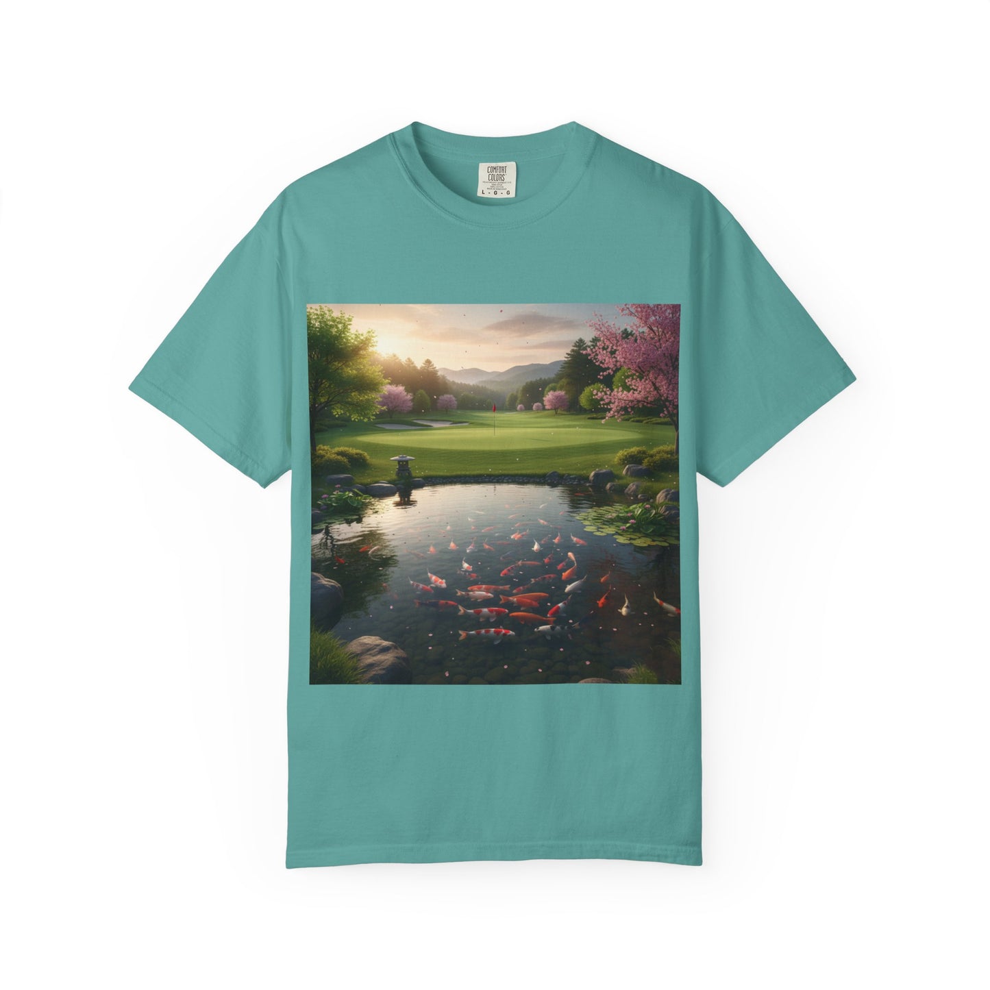 Zen Spot Golf Custom Zen Koi Pond Golf Course Sunset Graphic T-Shirt