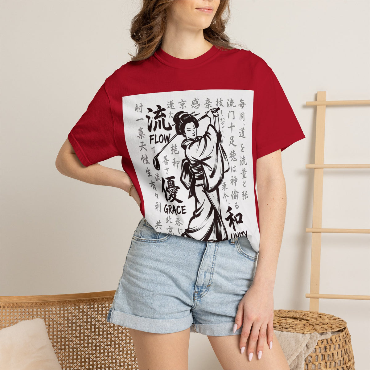 Flow, Grace, & Unity Geisha Golfer T-Shirt — Japanese Kanji Design