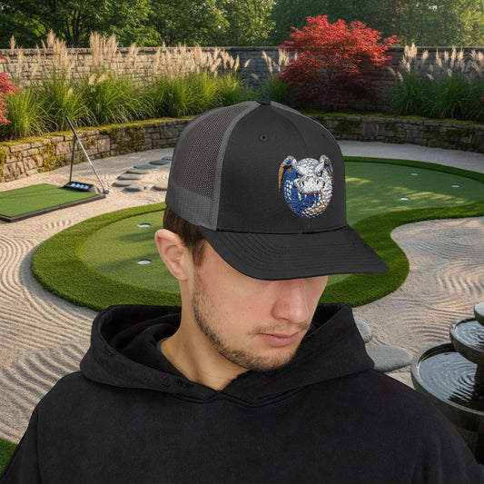 Embroidered White and Brown Stitched "Dragon Golf Ball" Trucker Cap