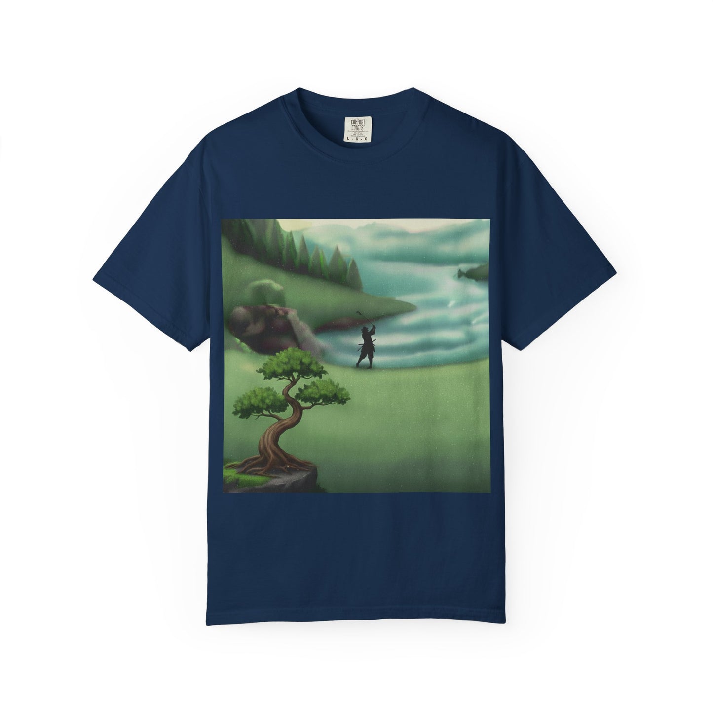 Golf Course Landscape T‑Shirt — Serene Golfer by Lake Graphic Tee