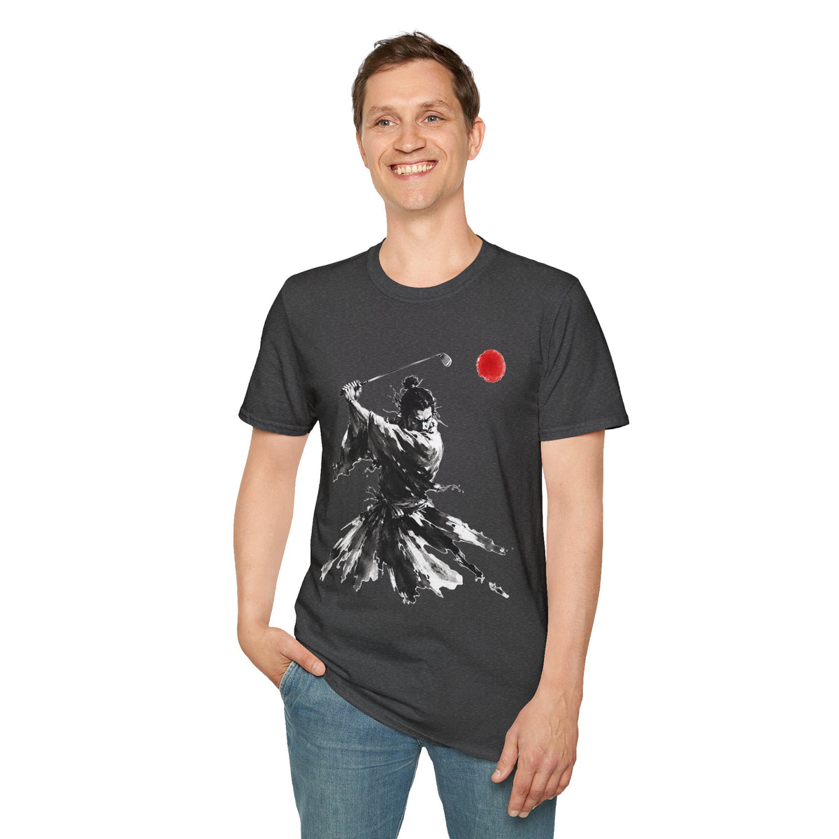 Samurai Golfer T-Shirt — Ink Brush Warrior Swing with Red Sun