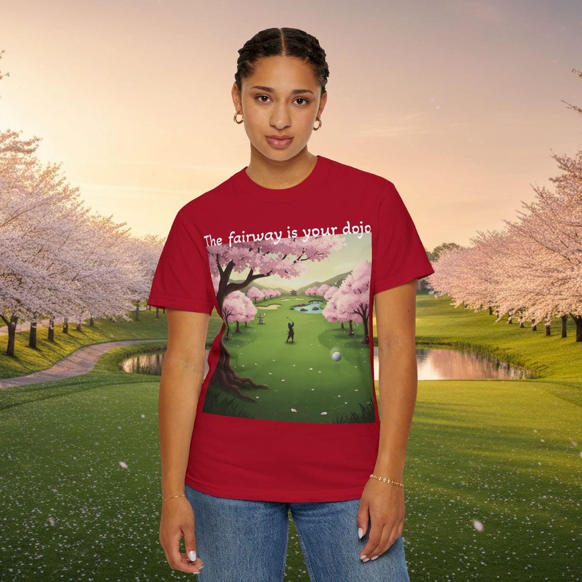 Mindfulness T-Shirt — "The fairway is your dojo" Cherry Blossom Graphic