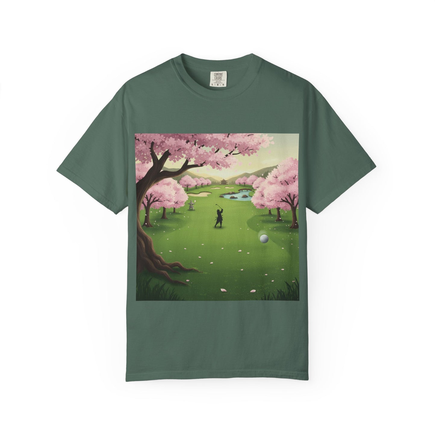 Zen Spot Golf Custom Golf Scenic Course Cherry Blossom Golfer Graphic T-Shirt