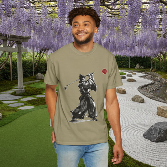 Samurai Golf T-Shirt — Sumi-e Brushstroke Golfer with Red Sun