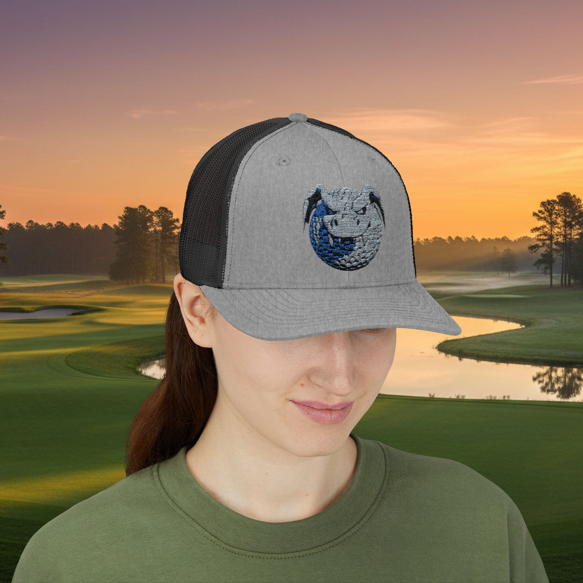 Embroidered Grey Stitched "Dragon Golf Ball" Trucker Cap
