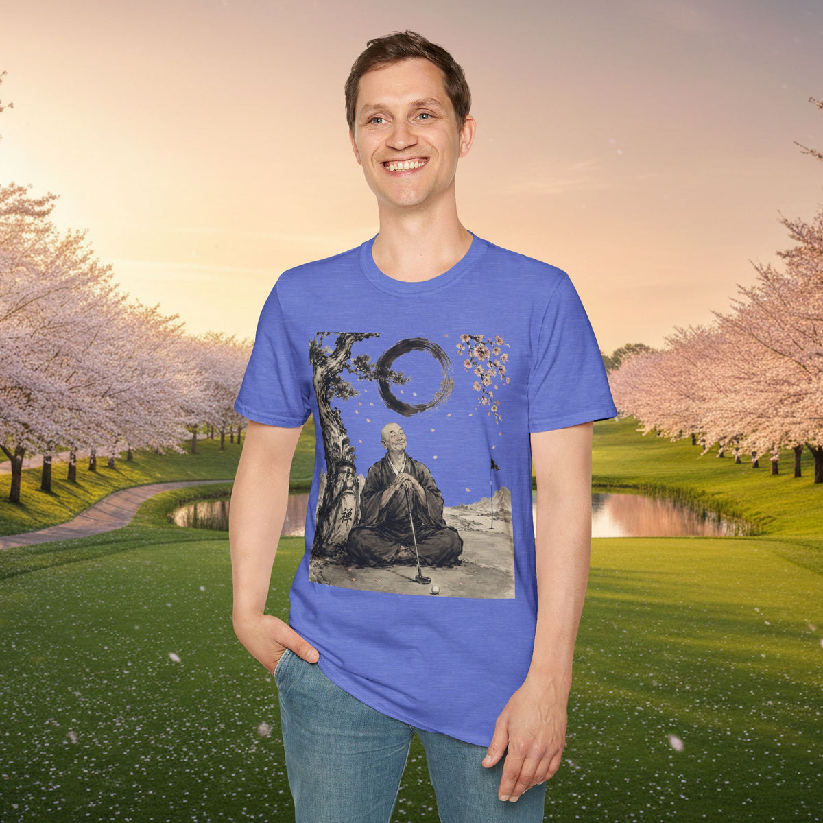 Zen Monk T-Shirt — Enso Circle & Cherry Blossom Meditation Tee