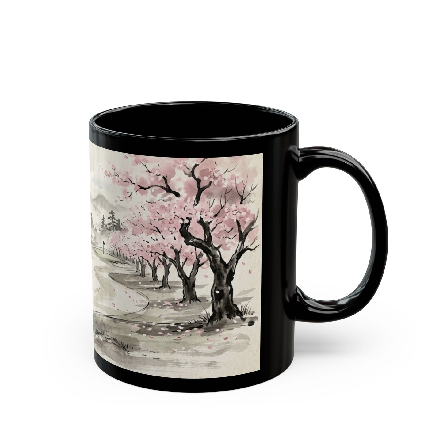 Zen Spot Golf Custom Cherry Blossom Landscape Mug Black Ceramic Coffee Tea Cup (11oz & 15oz)