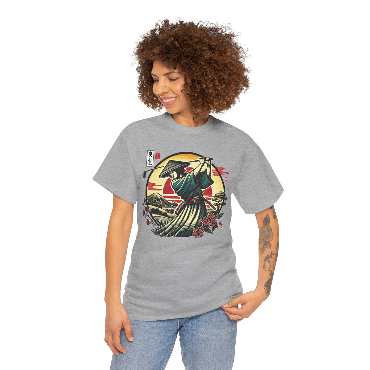 Japanese Samurai Golfer Sunset Graphic T‑Shirt
