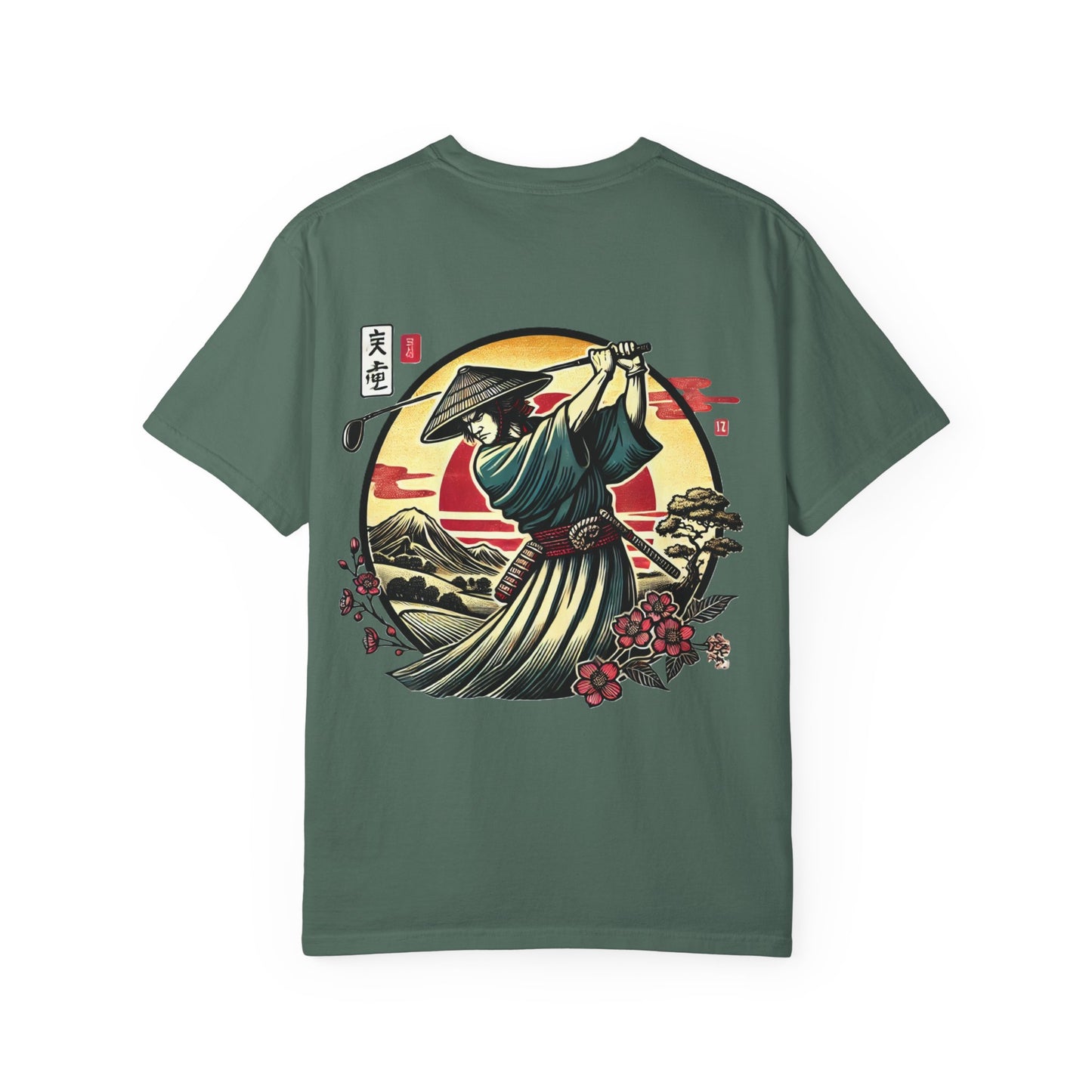 Zen Spot Golf Custom Japanese Warrior Samurai Golfer Sunset Graphic T-Shirt