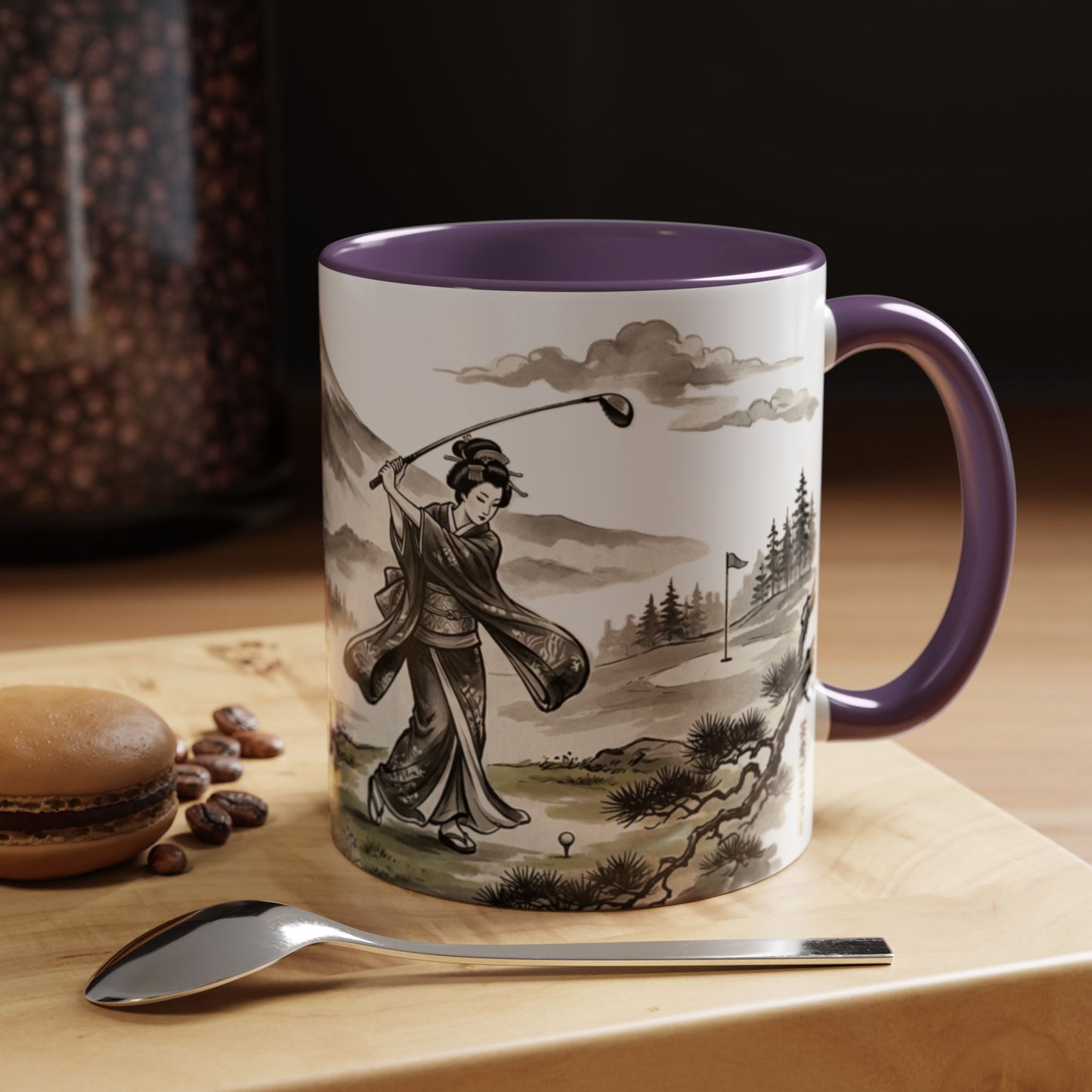 Zen Spot Golf Custom Japanese Golf Scene Accent Coffee Mug Ukiyo-e Style Golfing Geisha (11/15oz)