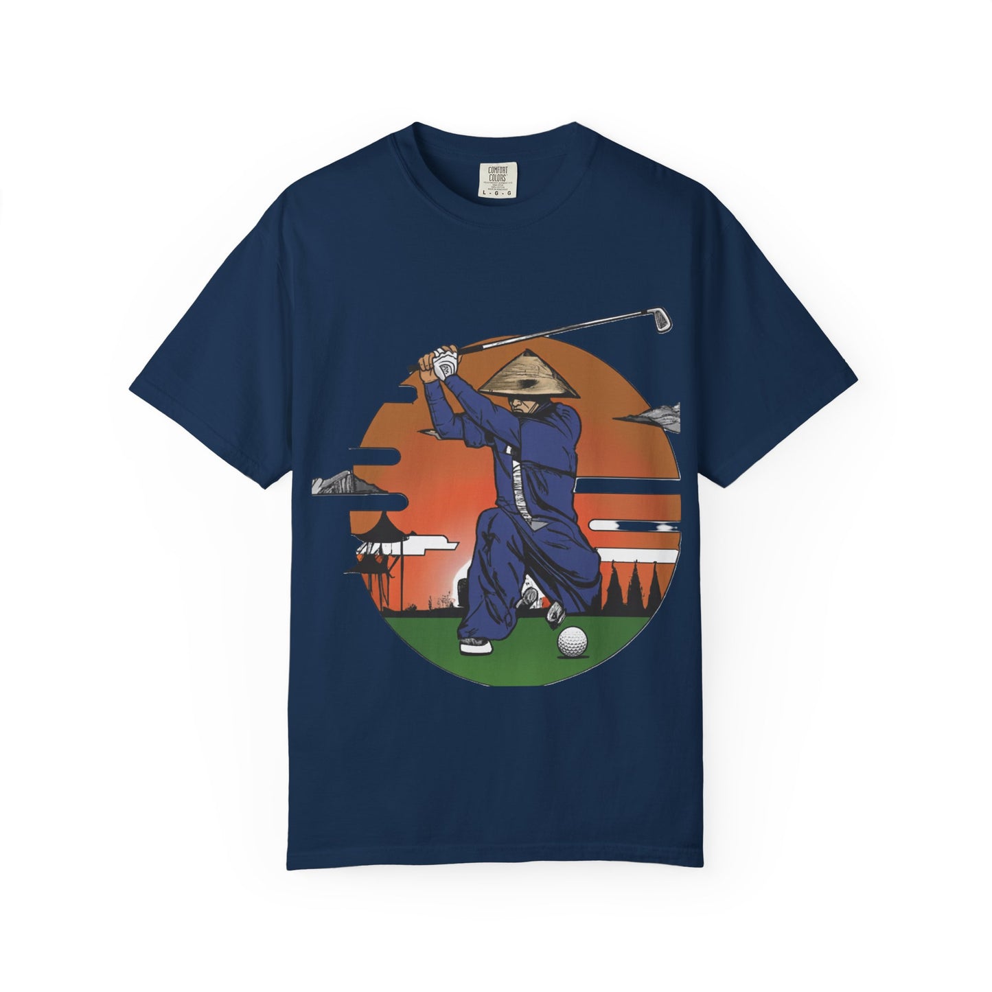 Golf Samurai T‑Shirt — Vintage Sunset Golfer Graphic