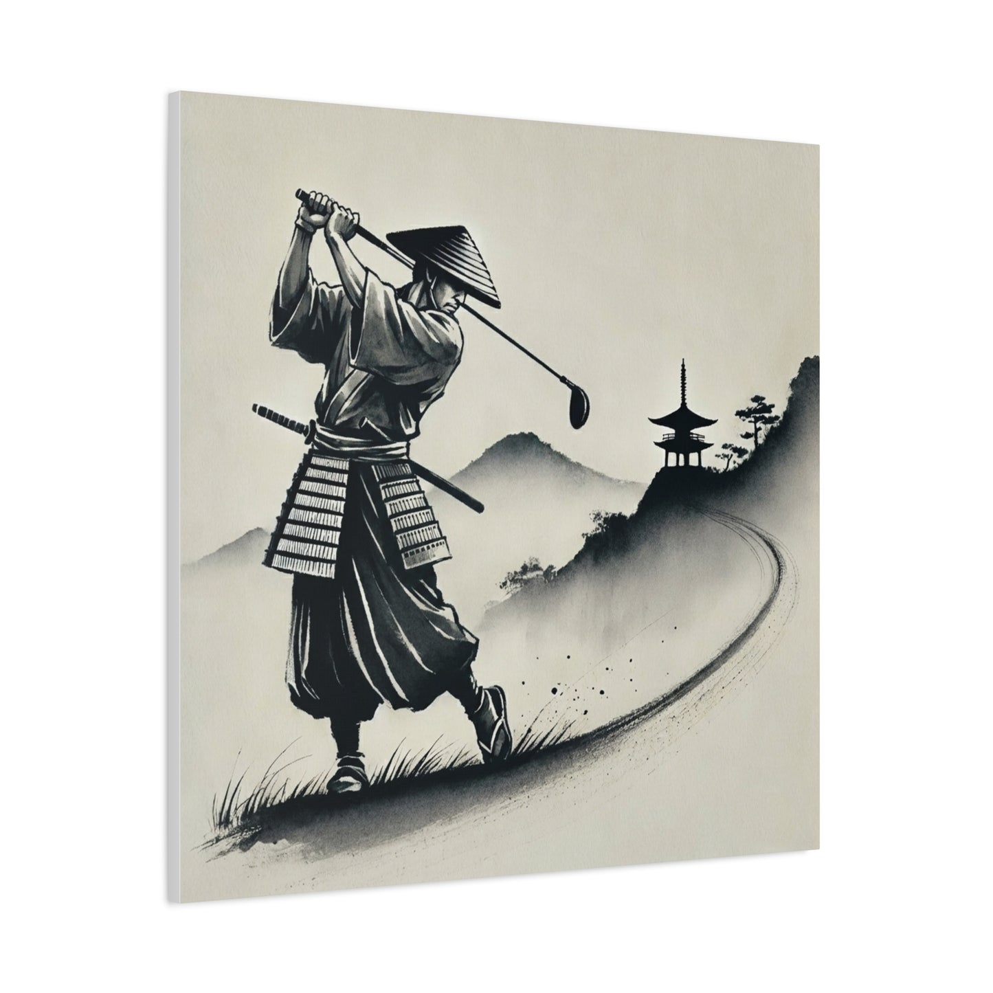 Samurai Golf Canvas Wall Art — Zen Golfing Japanese Ink Print