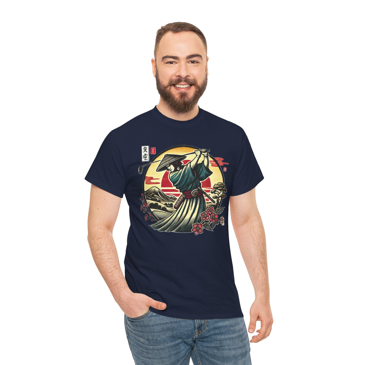 Japanese Samurai Golfer Sunset Graphic T‑Shirt