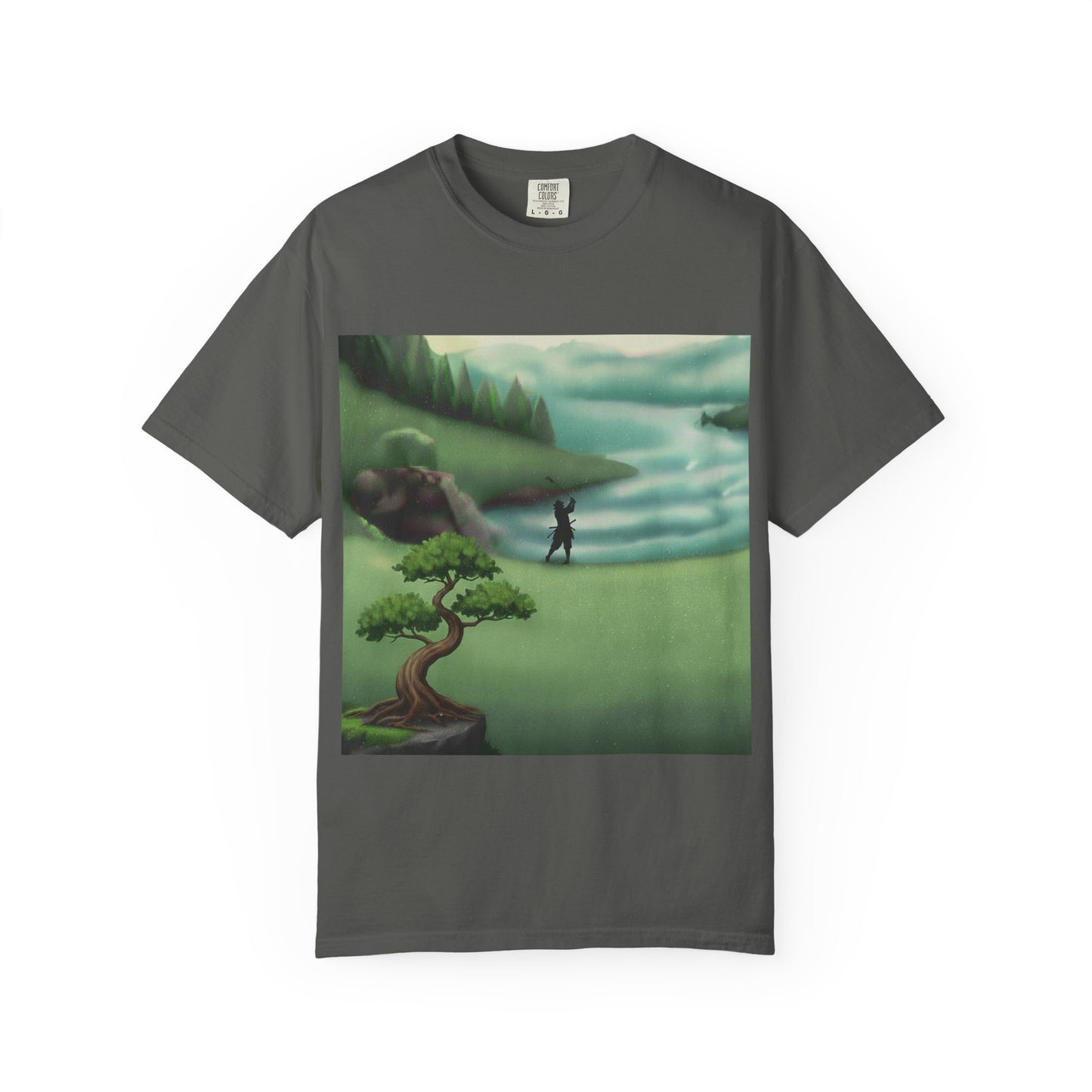 Golf Course Landscape T‑Shirt — Serene Golfer by Lake Graphic Tee