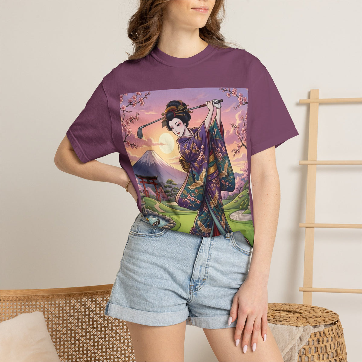 Geisha Golfer Garden T-Shirt — Japanese Kimono Sunset Art Tee