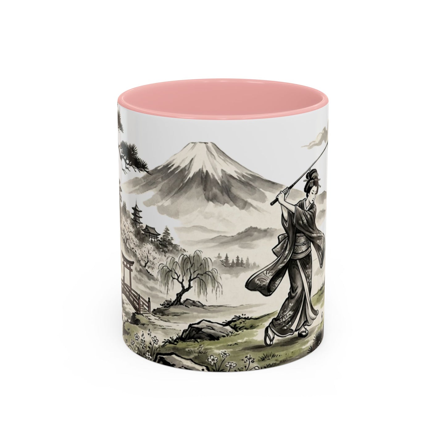 Zen Spot Golf Custom Japanese Golf Scene Accent Coffee Mug Ukiyo-e Style Golfing Geisha (11/15oz)