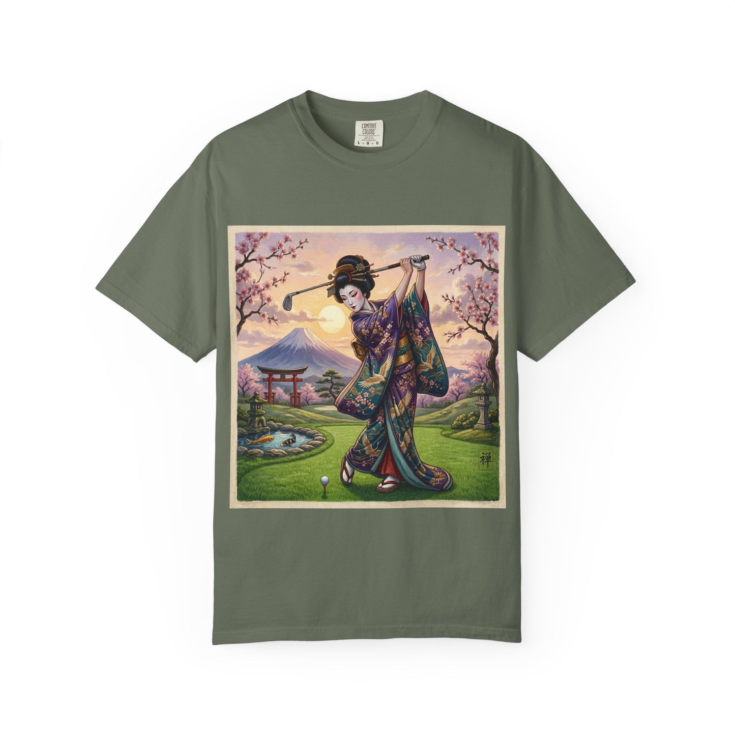 Zen Spot Customized Comfort Colors Geisha Golfing Sunset T-Shirt — Vintage Japanese Kimono Art Tee
