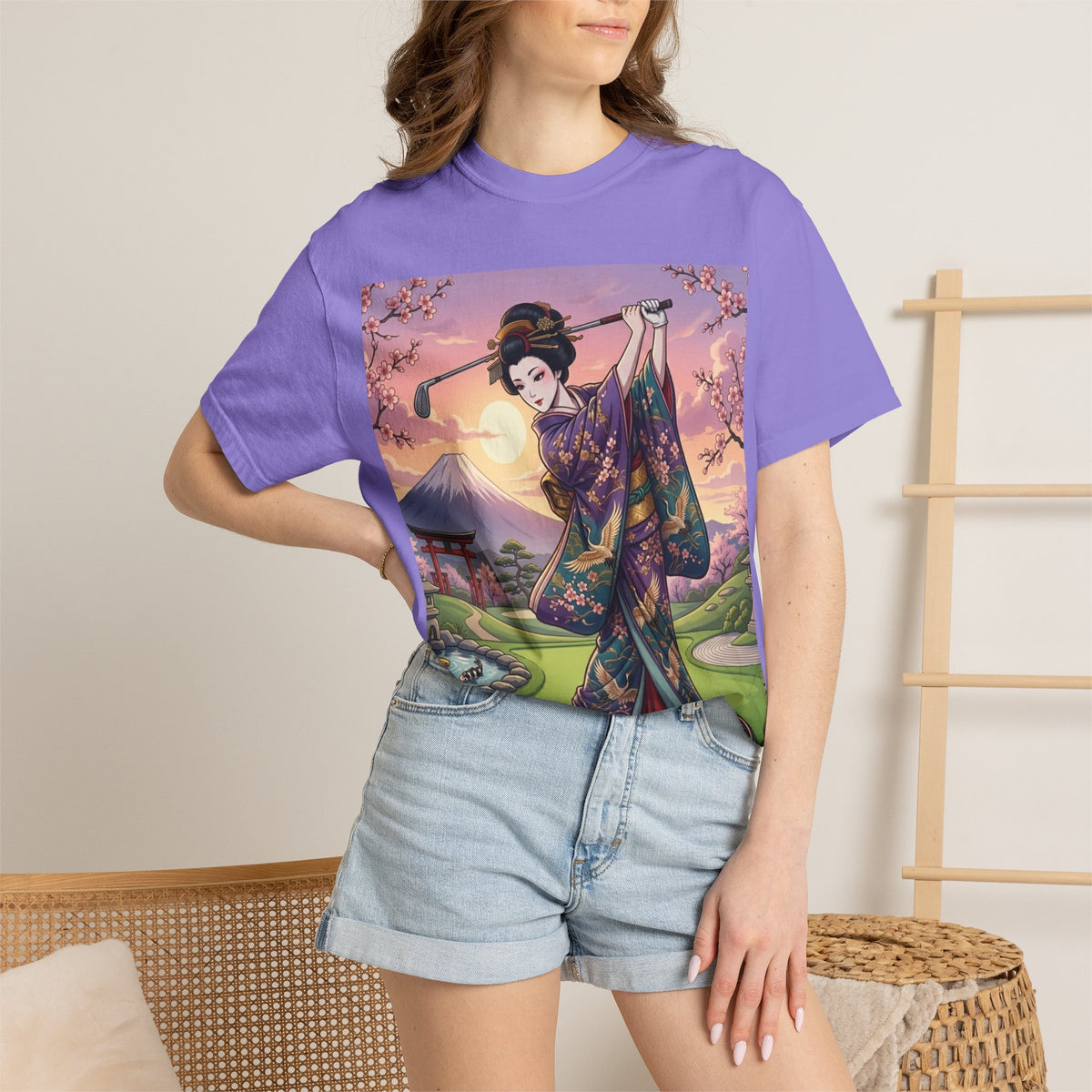 Geisha Golfer Garden T-Shirt — Japanese Kimono Sunset Art Tee