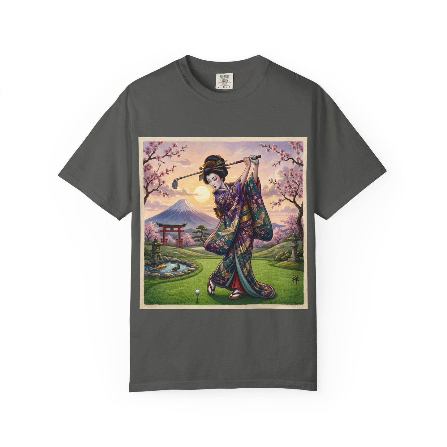 Zen Spot Customized Comfort Colors Geisha Golfing Sunset T-Shirt — Vintage Japanese Kimono Art Tee