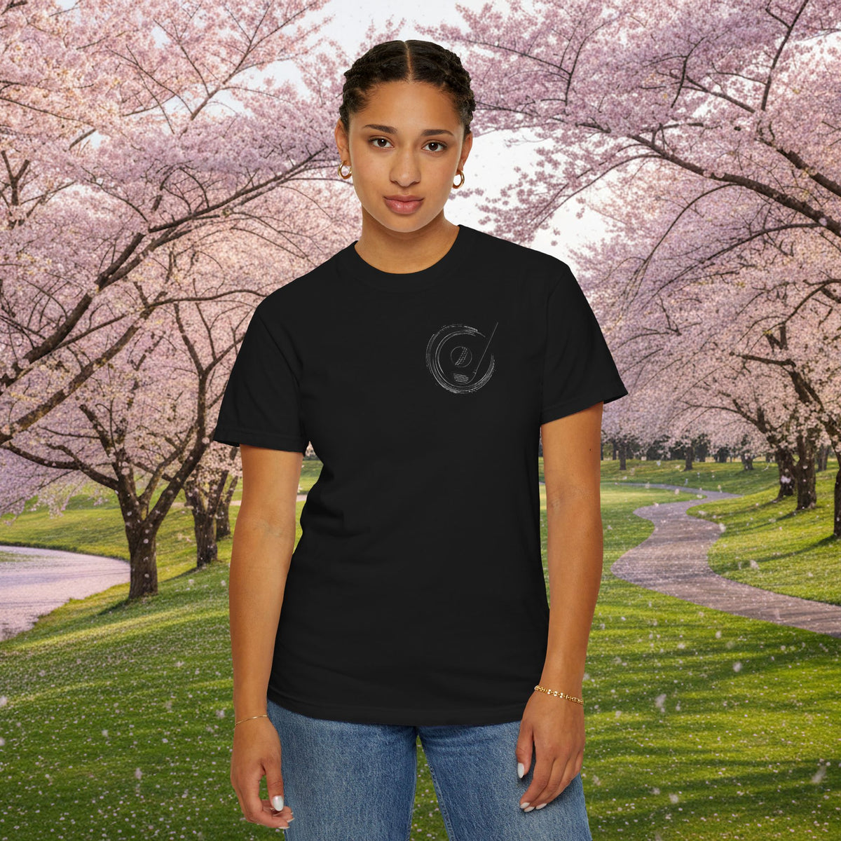 Enso Circle Chest Design Koi Pond Landscape Back Graphic T-Shirt