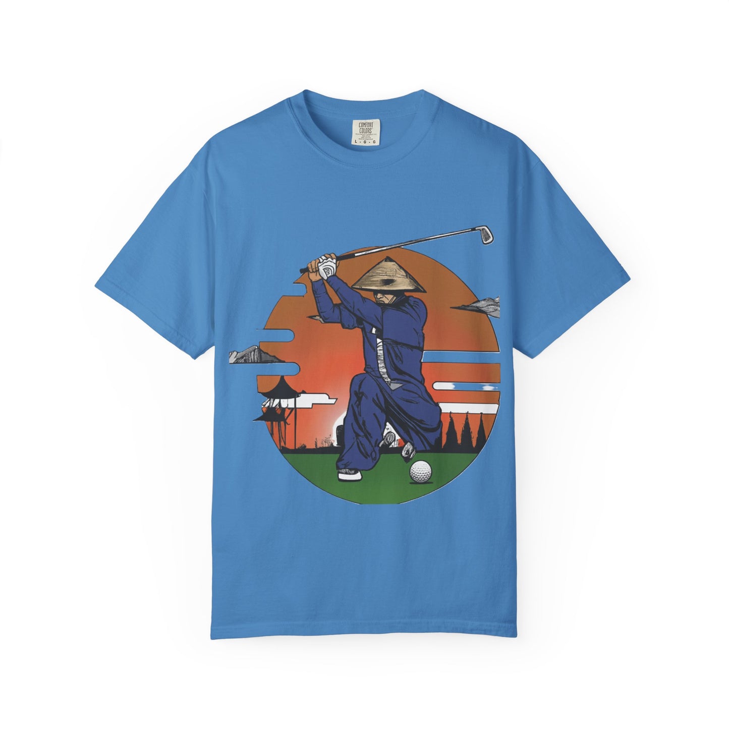 Golf Samurai T‑Shirt — Vintage Sunset Golfer Graphic