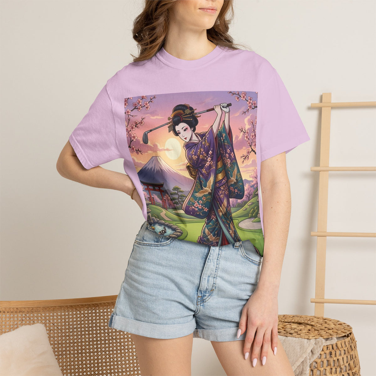 Geisha Golfer Garden T-Shirt — Japanese Kimono Sunset Art Tee