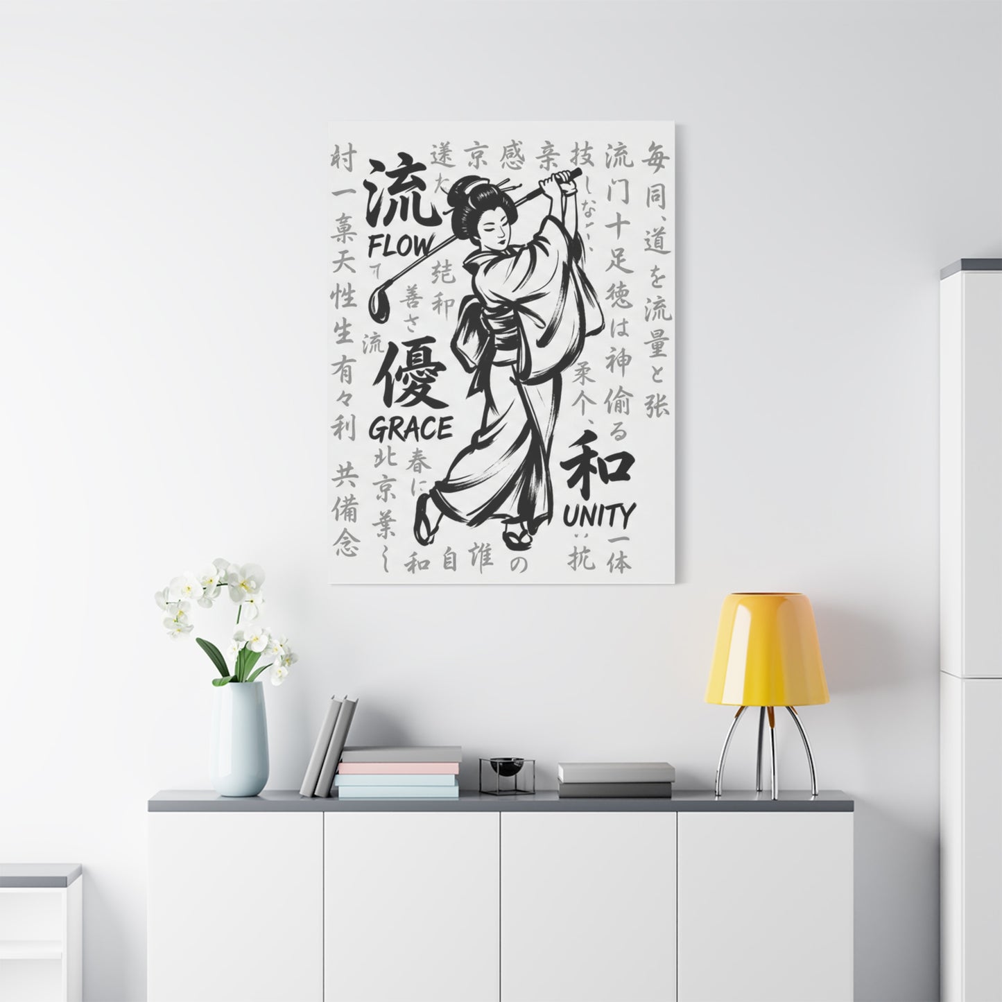 Geisha Golf Art Canvas — 'Flow, Grace, Unity' Stretched Matte Wall Decor