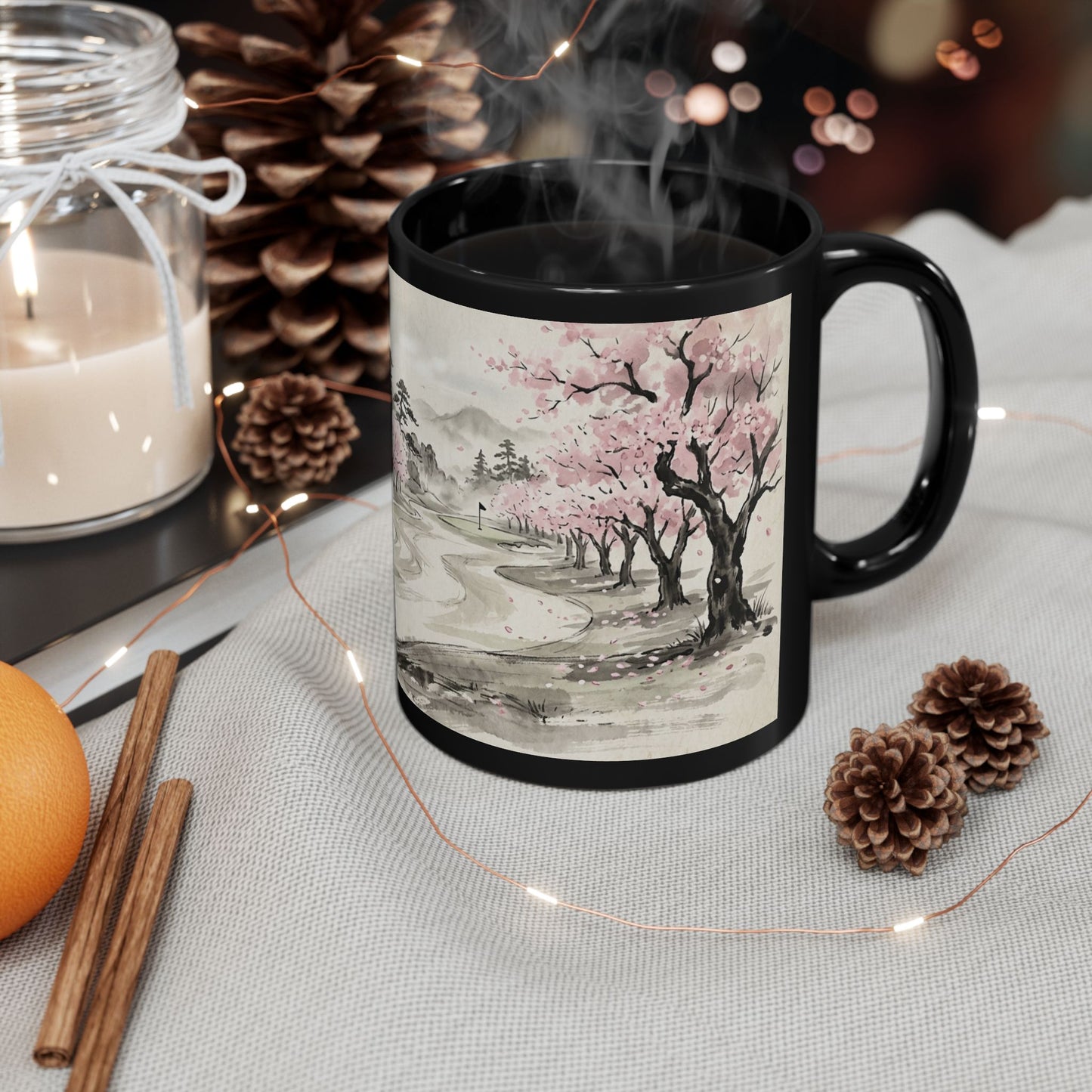 Zen Spot Golf Custom Cherry Blossom Landscape Mug Black Ceramic Coffee Tea Cup (11oz & 15oz)