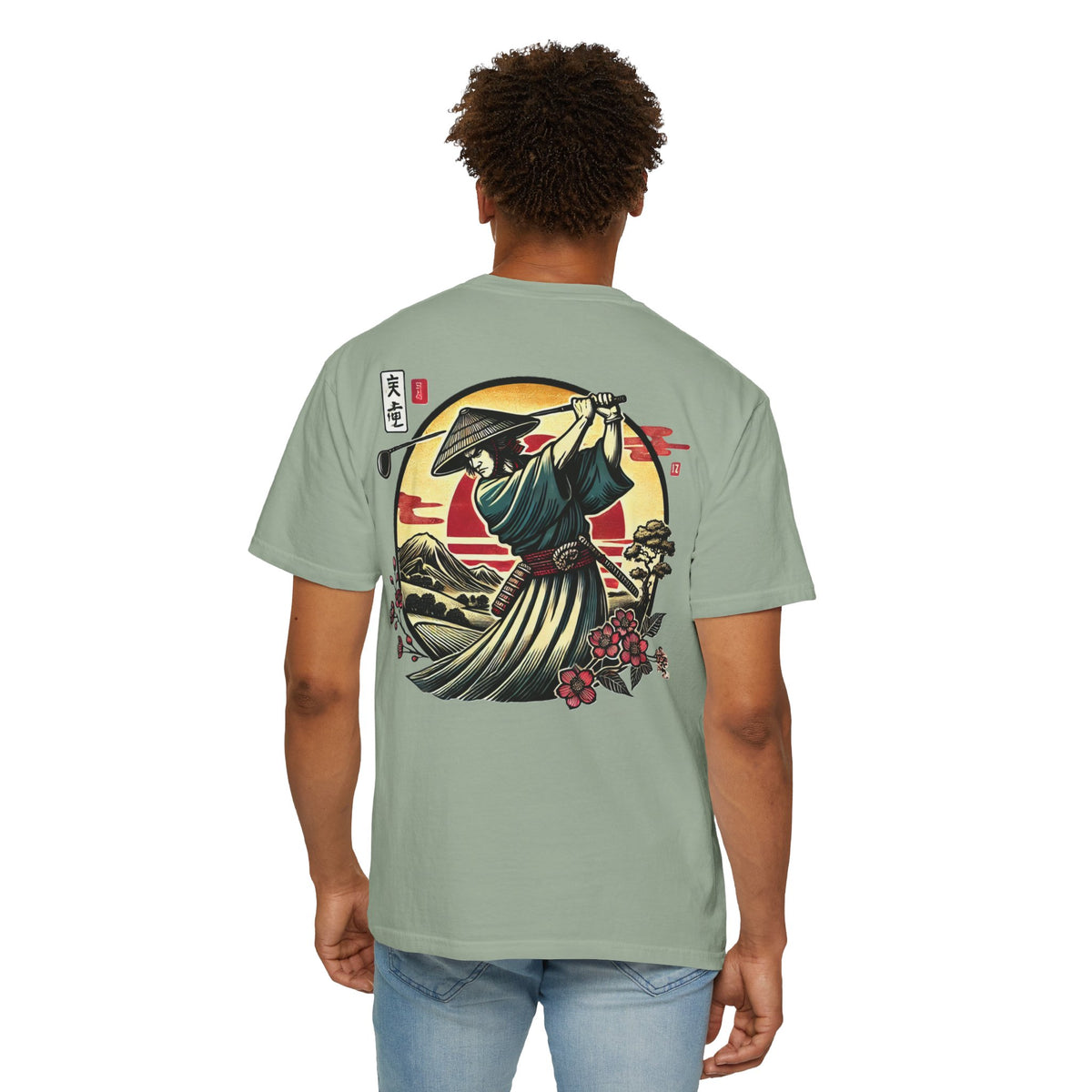 Samurai Golfer Sunset Chest and Back Design Graphic T-Shirt