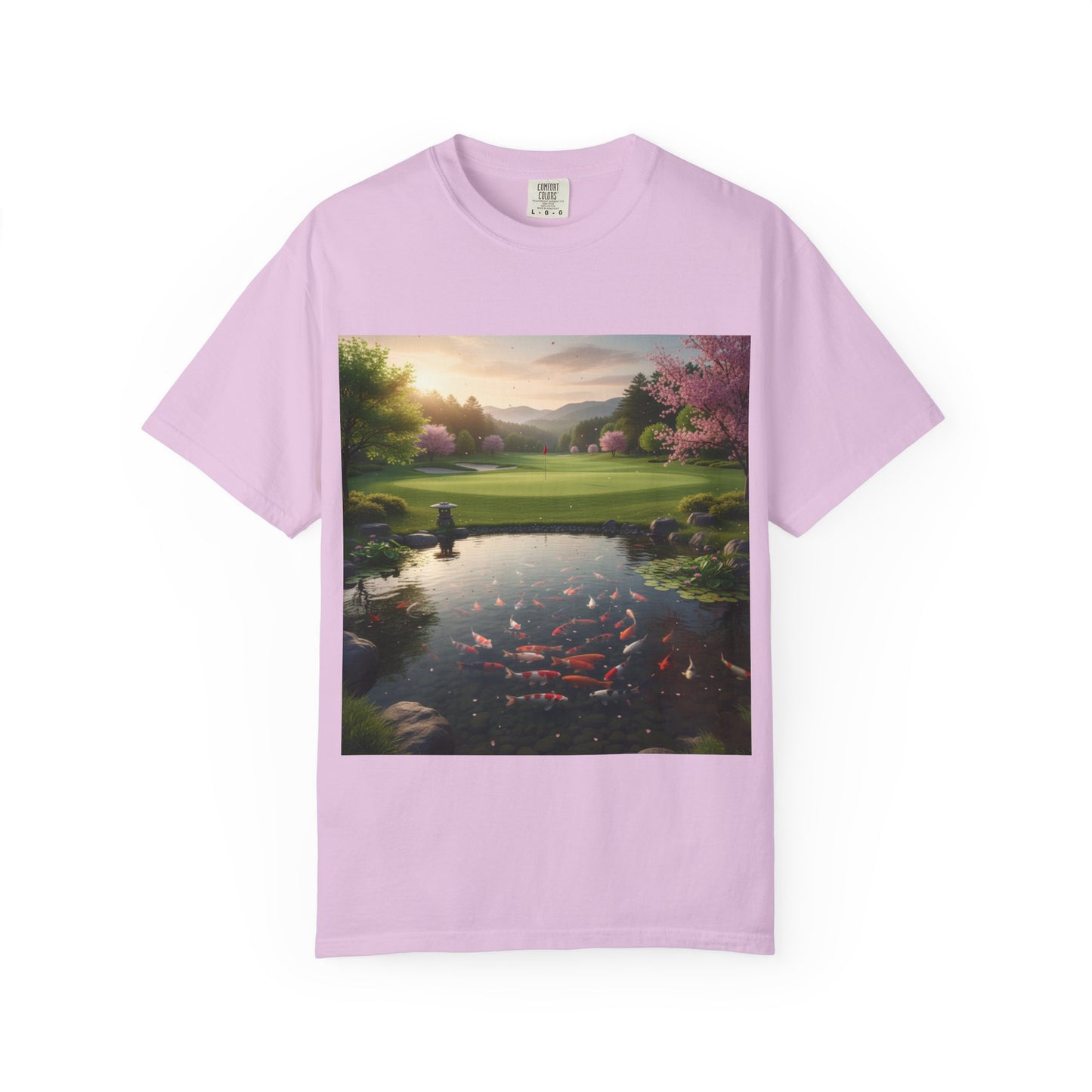 Zen Spot Golf Custom Zen Koi Pond Golf Course Sunset Graphic T-Shirt