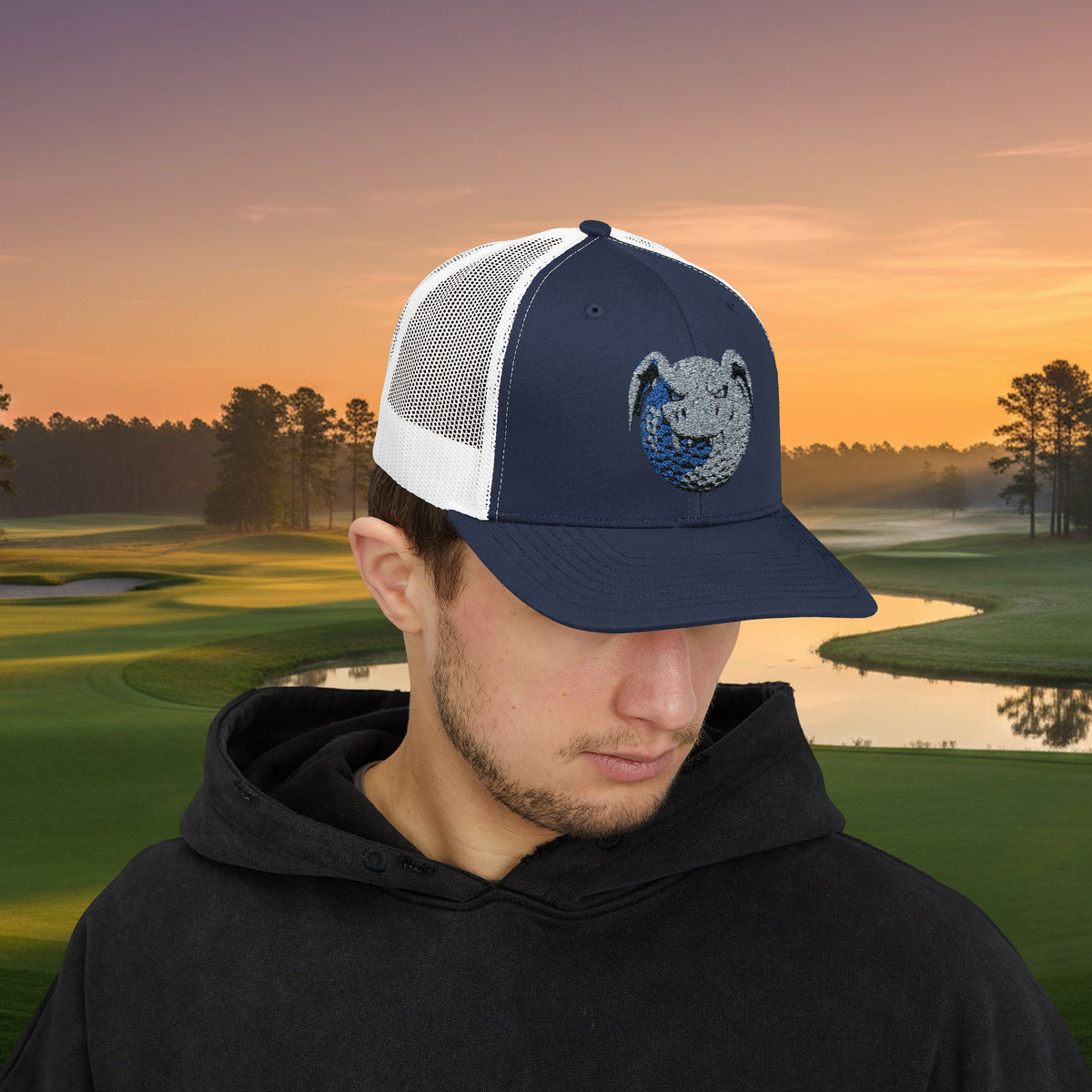 Embroidered Grey Stitched "Dragon Golf Ball" Trucker Cap