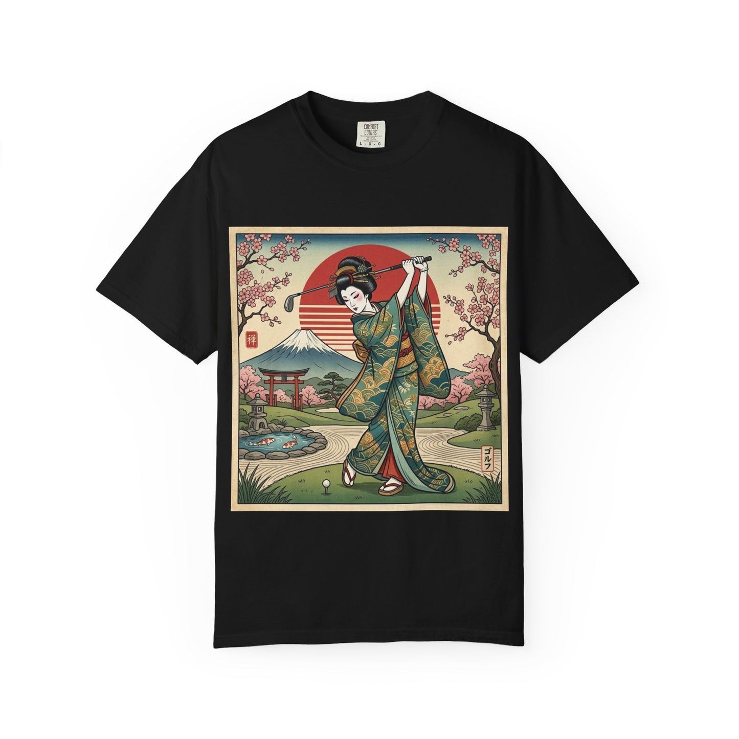 Zen Spot Golf Custom Vintage Japanese Kimono Geisha Golfer Sunset Graphic T-Shirt