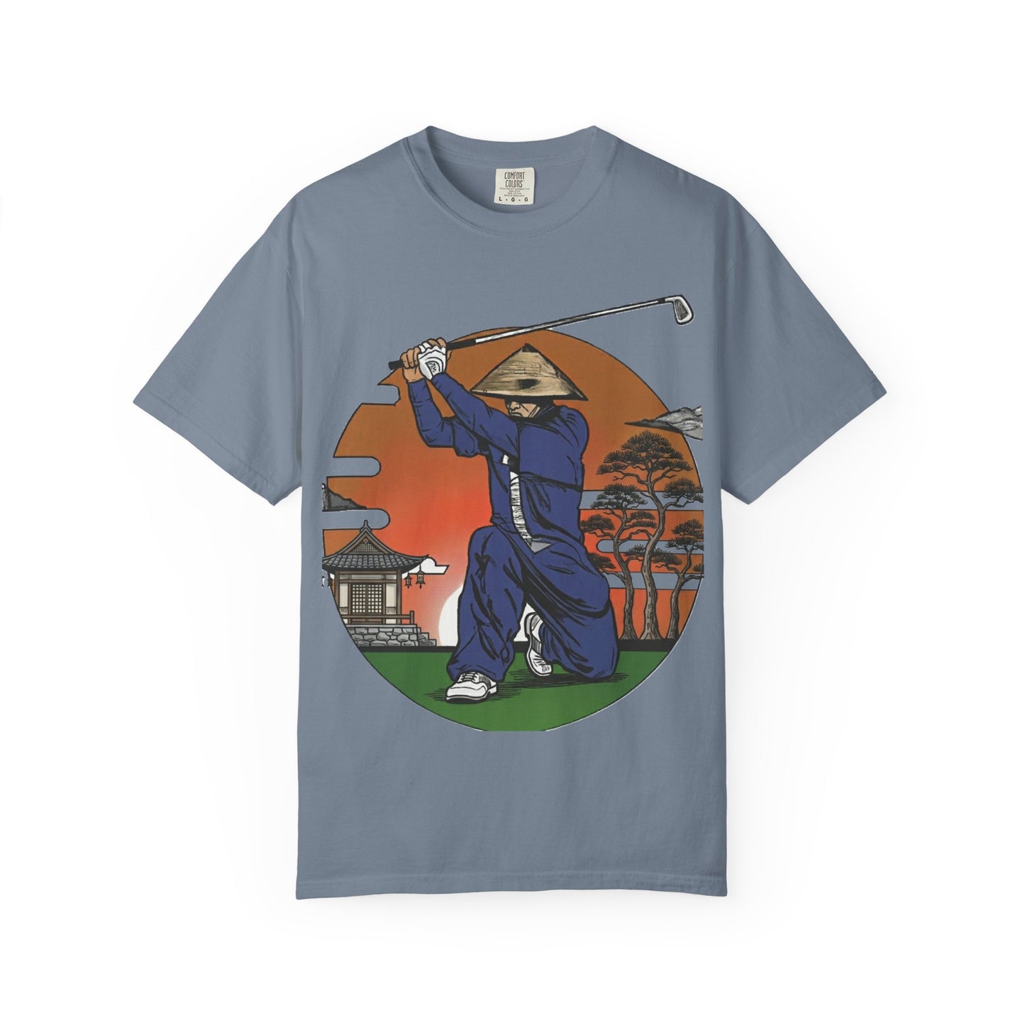 Zen Spot Golf Custom Vintage Sunset Samurai Golfer Graphic T‑Shirt