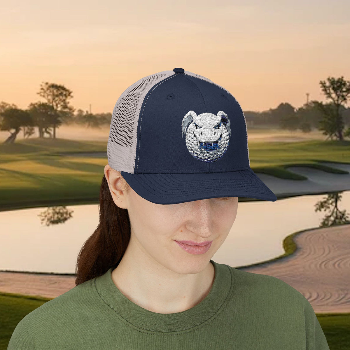 Embroidered White Stitched "Dragon Golf Ball" Trucker Cap