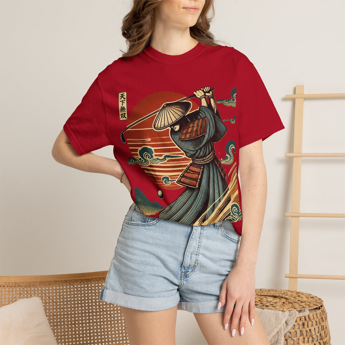 Samurai Golfer Sunset T-Shirt — Japanese Wave & Warrior Graphic Tee