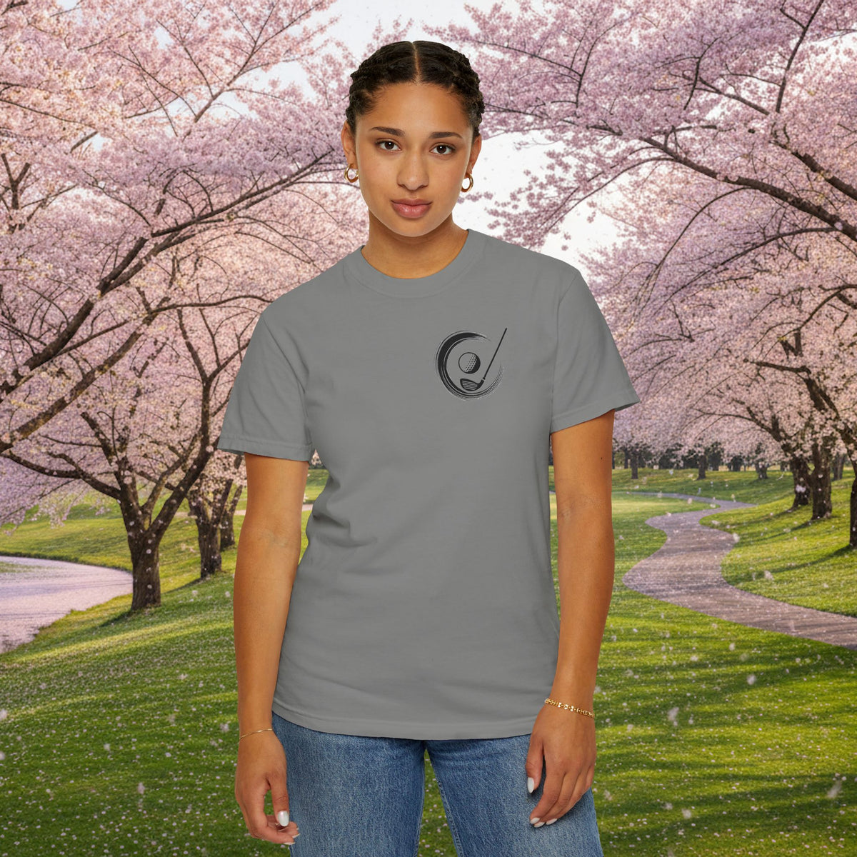 Enso Circle Chest Design Koi Pond Landscape Back Graphic T-Shirt