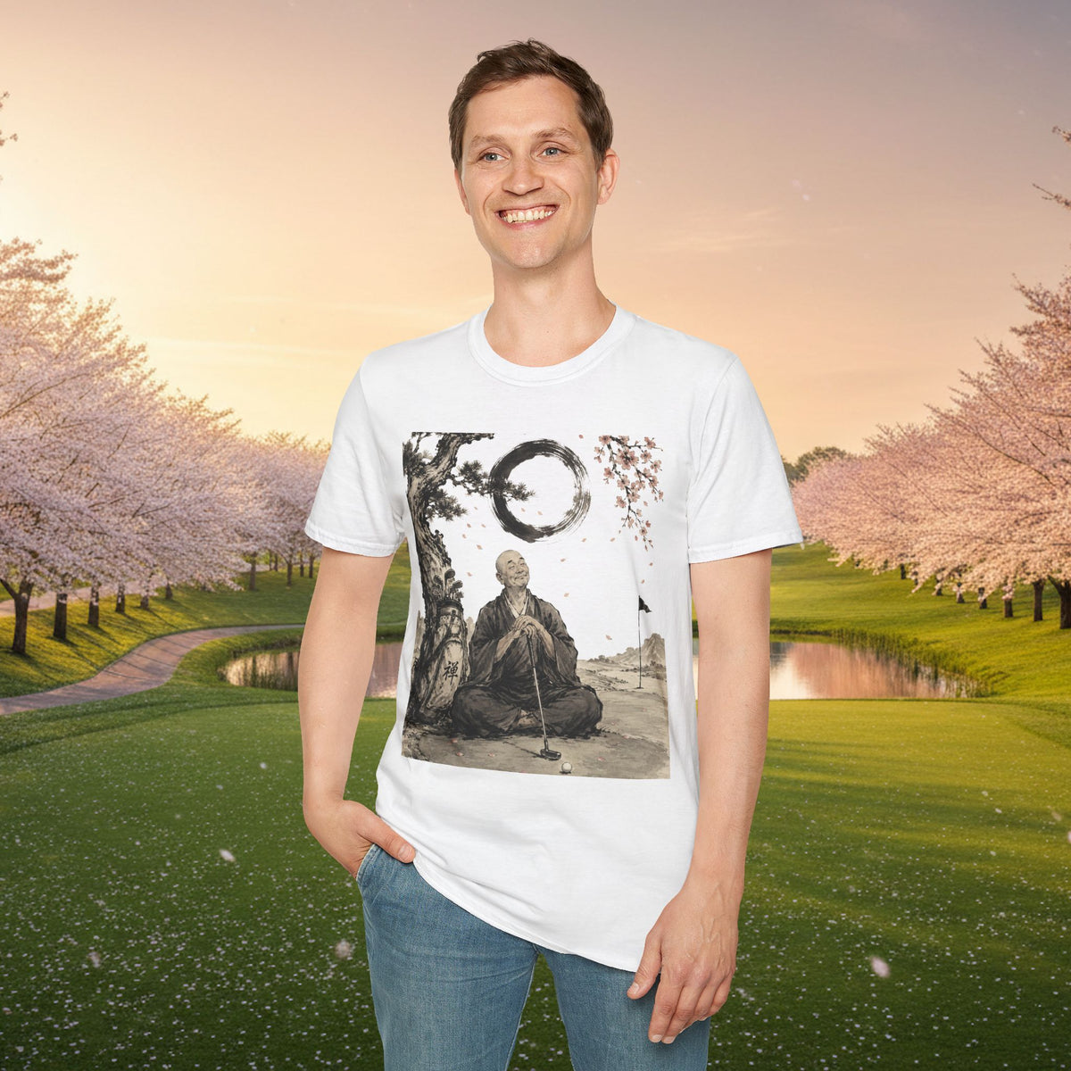 Zen Monk T-Shirt — Enso Circle & Cherry Blossom Meditation Tee