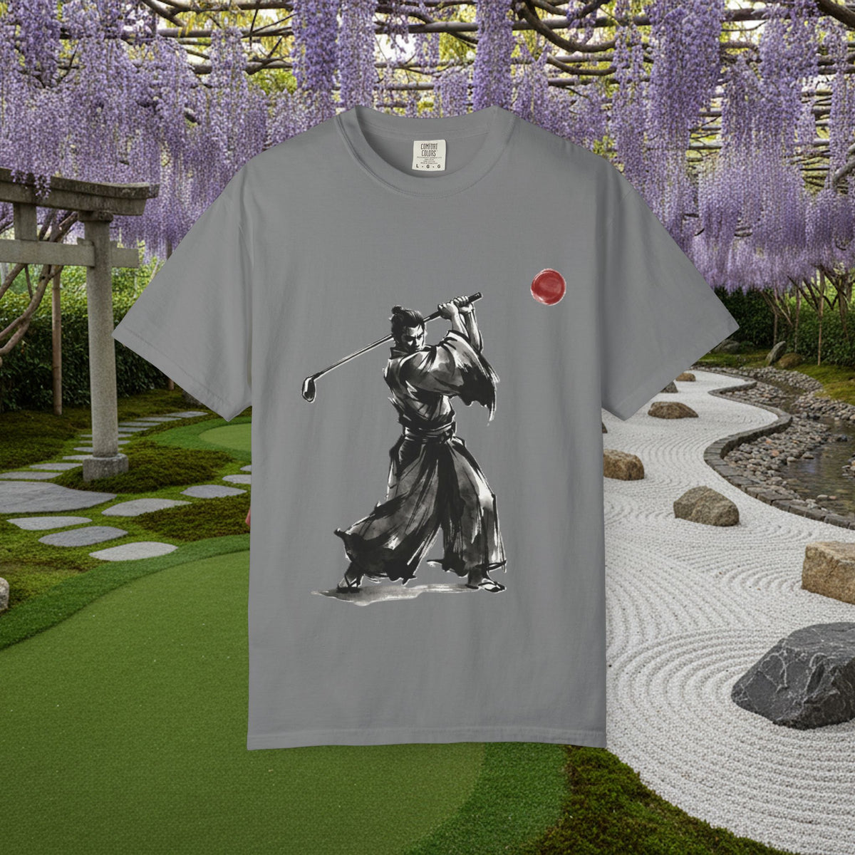 Samurai Golf T-Shirt — Sumi-e Brushstroke Golfer with Red Sun
