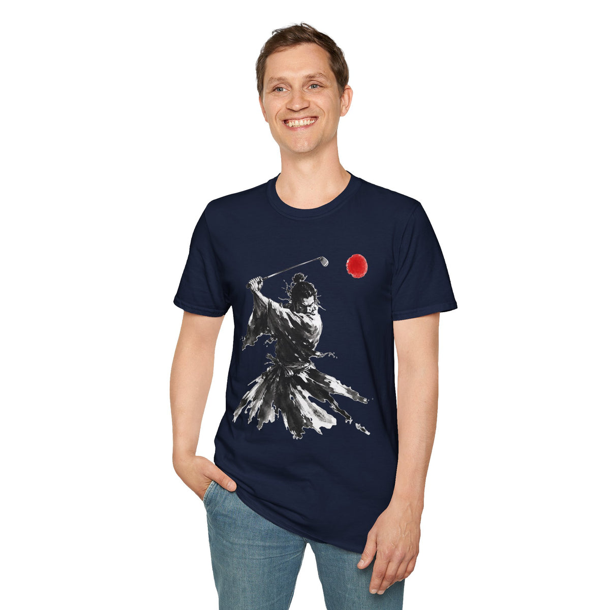 Samurai Golfer T-Shirt — Ink Brush Warrior Swing with Red Sun